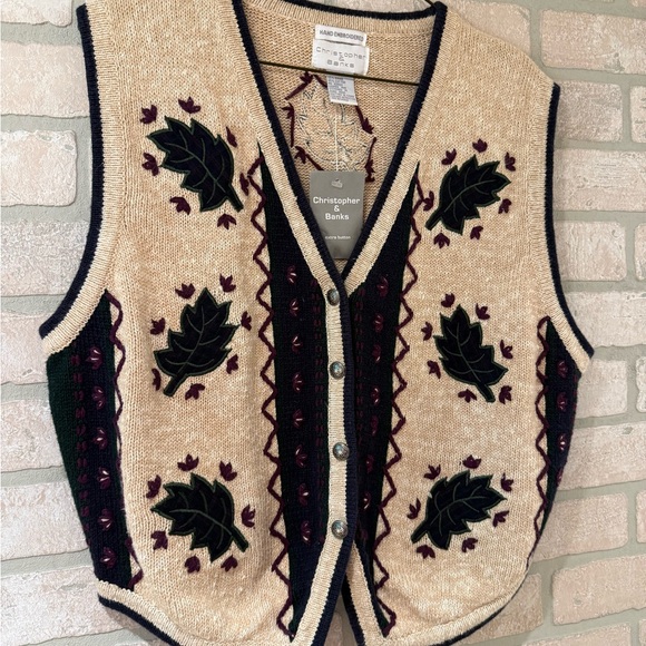 Hand Embroidered Fall Leaf Christopher & Banks Sweater Vest - Picture 1 of 15